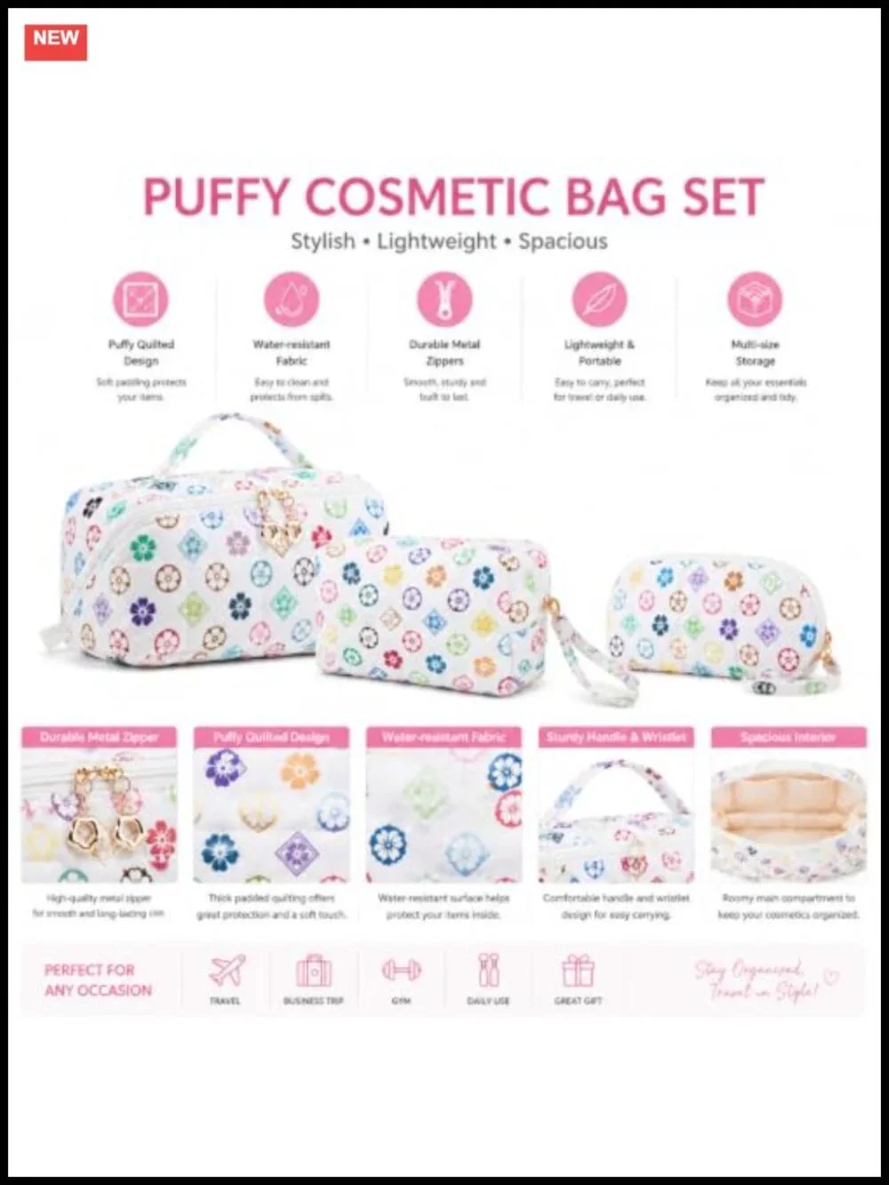 Puffer Cosmetic Bag for Women Waterproof Padded Makeup Case Organizer Toiletry